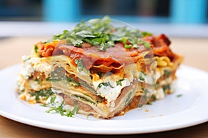 messy lasagna slice showing rich, saucy layers