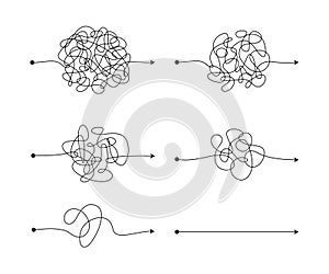 Messy lines. Complicated scribble path, messy tangle, doodle knot as thought from complex to easy solution. Confused brain