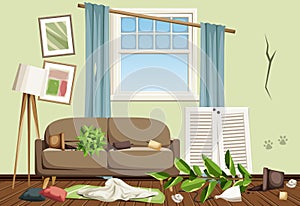 Messy living room interior with broken furniture, overturned houseplants, garbage, and dirt. Cartoon vector illustration