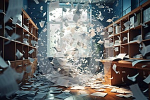 Messy office environment with documents flying in disarray
