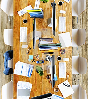 Messy Office Meeting Table No People Concept