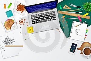 Messy office and working space product mockup template layout