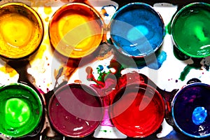 Messy palette for drawing with watercolor paints in circular forms close-up, top view, bright colorful abstract pattern of hobbies