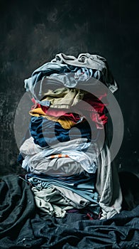 A messy pile of various clothes scattered and sitting on a blanked against a dark background, creating a disorganized