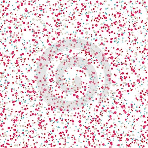 Messy pink, blue, gray dots on white background. Colorful festive seamless pattern with round shapes