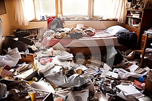 messy room. compulsive hoarding disorder concept photo