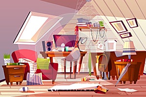Messy room at garret attic vector illustration photo