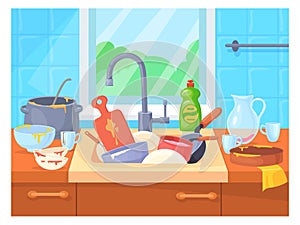 Messy sink with dirty dishes. Cartoon kitchen interior