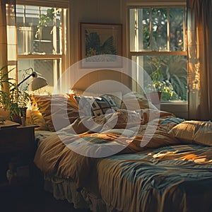 Messy, sunlit bedroom with a cozy bed and plants, offering a warm, homely morning vibe photo