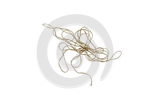 Messy tangled linen string on white background.