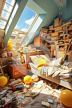 A messy and tidy child's bedroom with all kinds of things scattered on the floor