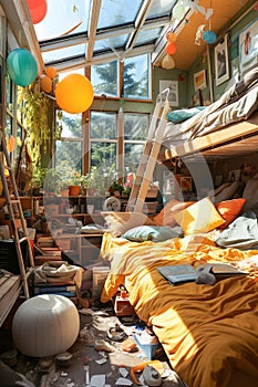 A messy and tidy child's bedroom with all kinds of things scattered on the floor