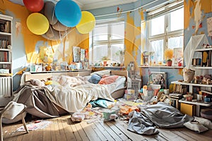 A messy and tidy child's bedroom with all kinds of things scattered on the floor