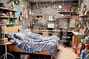 A messy and tidy teenage boys bedroom with all kinds of things scattered on the floor. Full of chatter in the room