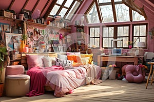 A messy and tidy teenage girl\'s bedroom with all kinds of things scattered on the floor. Full of chatter in the room