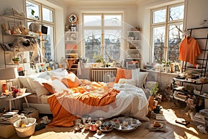 A messy and tidy teenage girl\'s bedroom with all kinds of things scattered on the floor. Full of chatter in the room