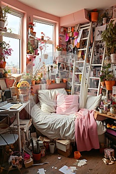 A messy and tidy teenage girl's bedroom with all kinds of things scattered on the floor. Full of chatter in the room