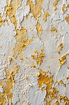 White and golden messy wall stucco texture background. Decorative wall paint photo
