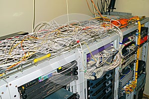 Messy wires are in datacenter server room, top view