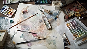 Messy workshop, artist palette reveals creativity chaos generated by AI