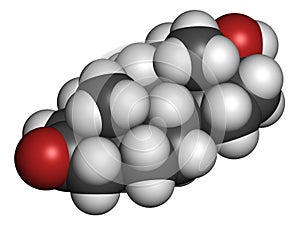 Mesterolone androgen molecule. 3D rendering. Atoms are represented as spheres with conventional color coding: hydrogen white,.