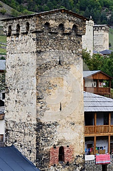 Mestia fortified tower,famous medieval landmark, Georgia