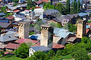 Mestia village in Svaneti, Georgia. Roofs of houses