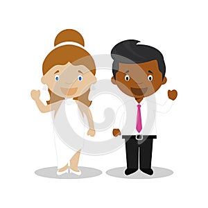 Mestizo bride and black bridegroom Interracial newlywed couple in cartoon style Vector illustration