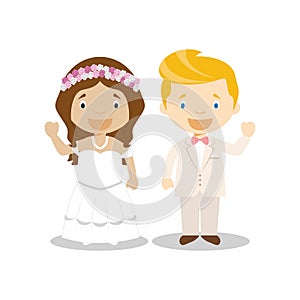 Mestizo bride and caucasian bridegroom Interracial newlywed couple in cartoon style Vector illustration