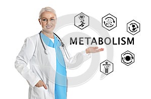 Metabolism concept. Doctor with stethoscope on white background