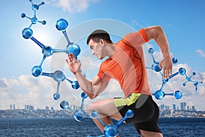 Metabolism concept. Molecular chain illustration and athletic young man running near sea on sunny day