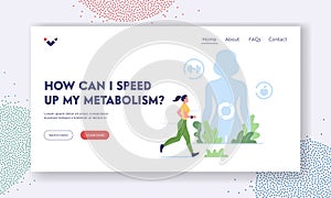 Metabolism Landing Page Template. Sportswoman Character Run at Huge Body with Digestive Tract Biochemistry Process