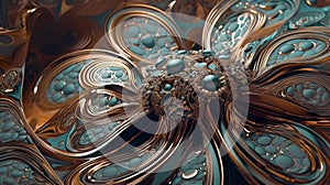 Metal abstract object flower structure from waves, particles fluids and spheres