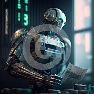 Metal AI robot banker. the concept of the future. generative AI digital illustration