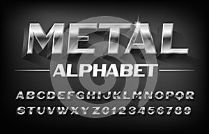 Metal alphabet font. 3D beveled chrome letters and numbers with shadow. photo
