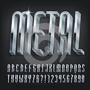 Metal alphabet font. 3D effect narrow letters, numbers and symbols with shadow.