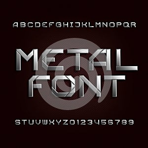 Metal alphabet font. Chrome effect letters and numbers on a dark background