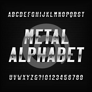 Metal alphabet font. Chrome effect letters and numbers on a dark background.