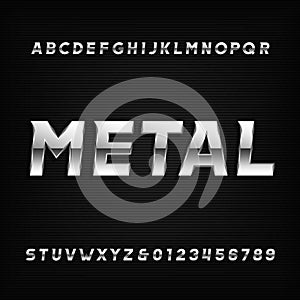 Metal alphabet font. Chrome effect oblique letters and numbers.