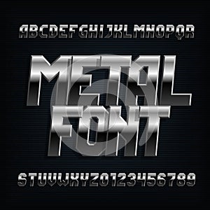 Metal alphabet font. Chrome effect oblique letters, numbers and symbols.