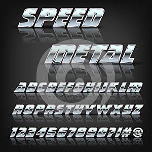 Metal alphabet and symbols with reflection and shadow. Font for design.