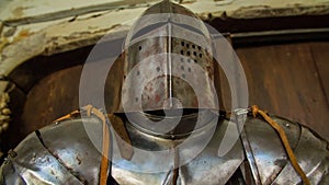 Metal armour helmet on the stand