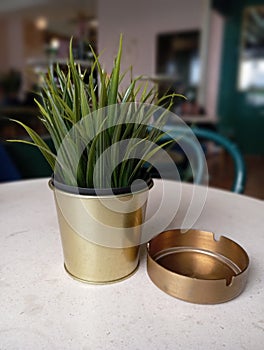 Metal Ash Tray And Plant Cafe Bar Decoration in Golden Glass