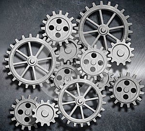 Metal background with gears and cogs 3d illustration