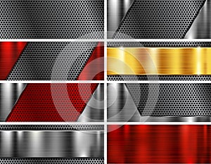 Metal backgrounds. Set of perforated and brushed iron textures