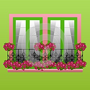 Metal balcony with bright geraniums