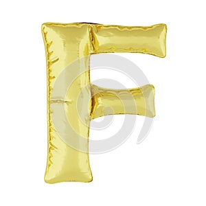 Metal balloon on a white background. Golden letter F. Discounts, sales, holidays, anniversaries.