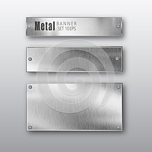 Metal banners horizontal set realistic. Vector Metal brushed plates with a place for inscriptions isolated on