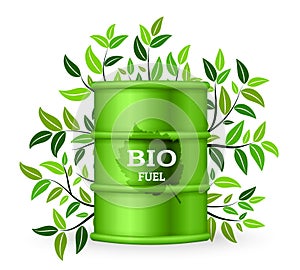 Metal barrel with bio fuel and green tree. Vector illustration