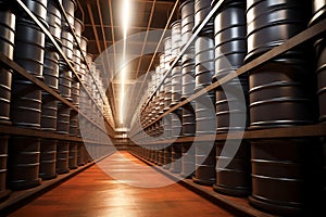 Metal barrels in vast warehouse, orderly stacked. Industrial storage scene